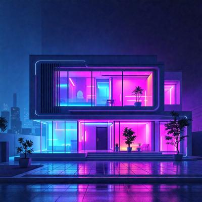 The primary subject of the image is a large, futuristic-looking house with a purple and pink color scheme. The house is illuminated with neon lights, giving it a unique and eye-catching appearance. The setting is a city street, with the house standing out as the main focus. The visual style of the image is a combination of digital art and illustration, creating a striking and imaginative scene. The colors and mood of the image are vibrant and energetic, with the purple and pink hues evoking a sense of excitement and innovation.